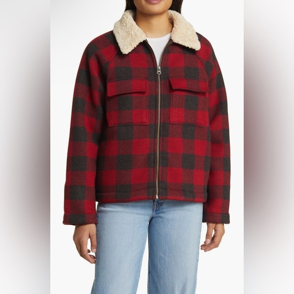 Faherty Legend High Pile Fleece Collar Crop Jacket Women's Size L Buffalo Plaid